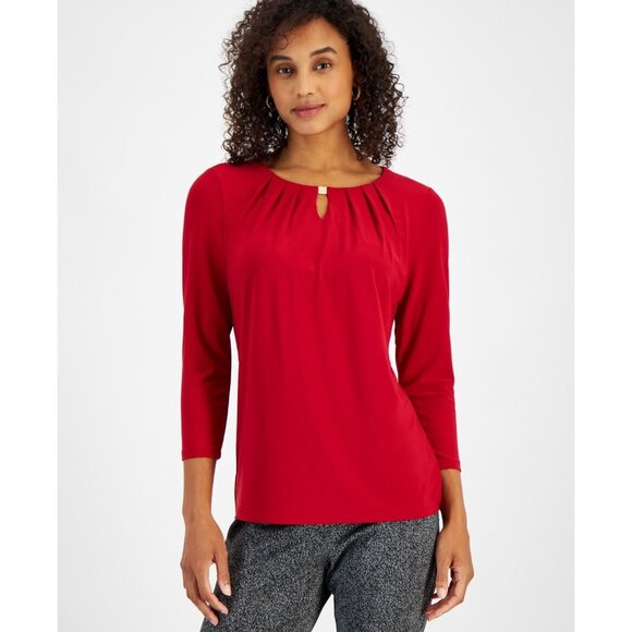 Kasper Tops - Kasper Womens Petite Pleat-Neck 3/4-Sleeve Blouse Red Size PS MSRP $59